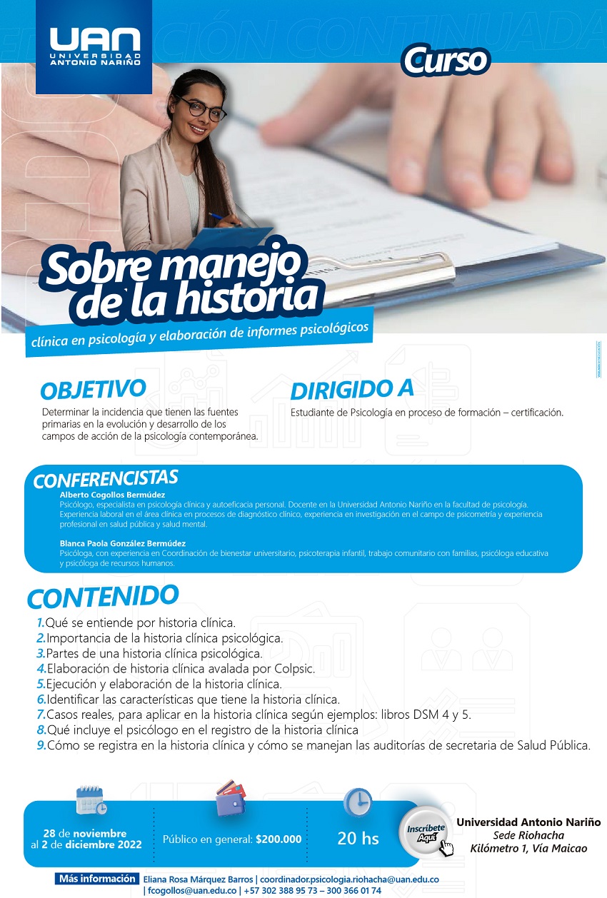 ManejoHistoriaClinicaPsicologiaElaboracionInformes RiohachaPresencial M