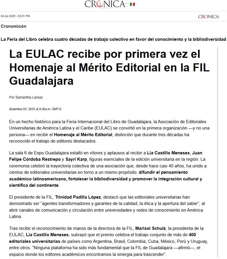 La EULAC recibe por primera vez el Homenaje al Mérito Editorial en la FIL Guadalajara