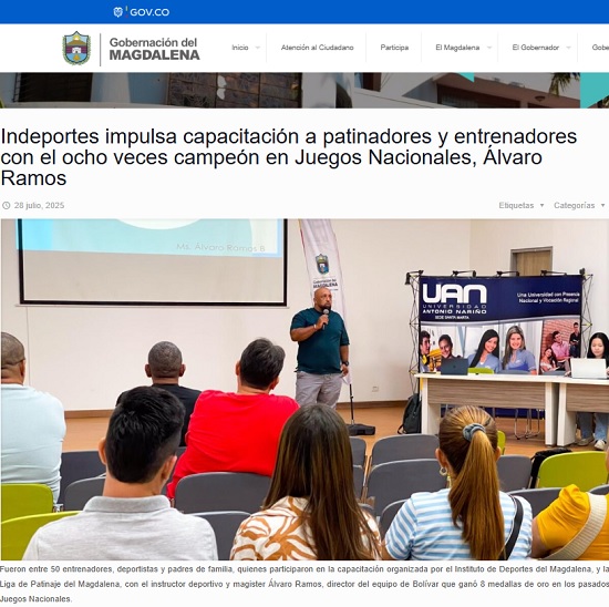 Indeportes impulsa capacitación a patinadores y entrenadores con el ocho veces campeón en Juegos Nacionales, Álvaro Ramos