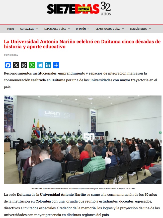 Duitama celebró los 50 años de la Universidad Antonio Nariño con innovación, reconocimiento e integración