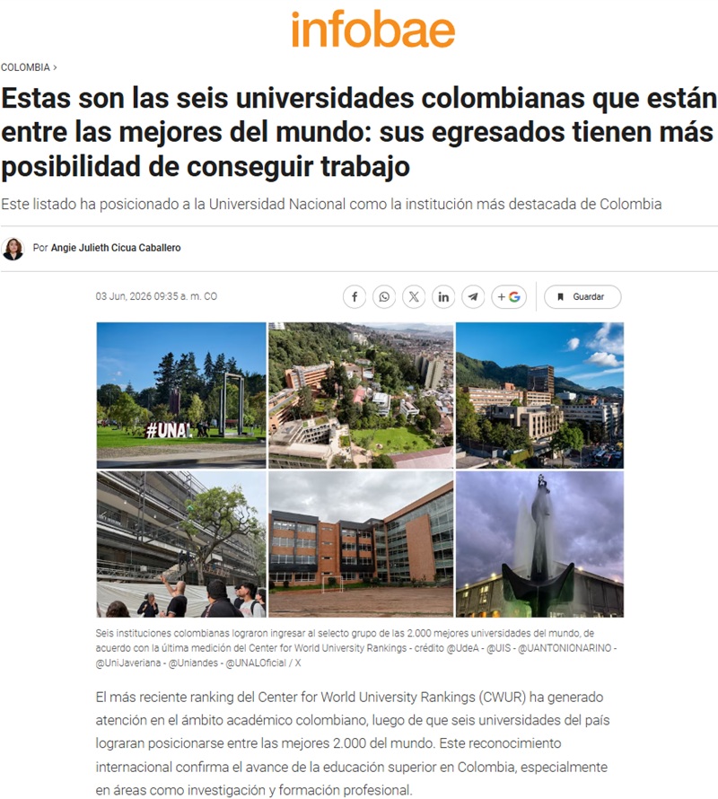 Seis universidades colombianas se destacan entre las 2.000 mejores del mundo según ranking internacional